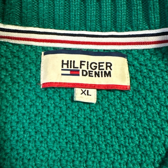 Hilfiger Denim Knit Sweater Green XL Preppy Y2K Logo Baggy Pullover Collegiate - Picture 7 of 8